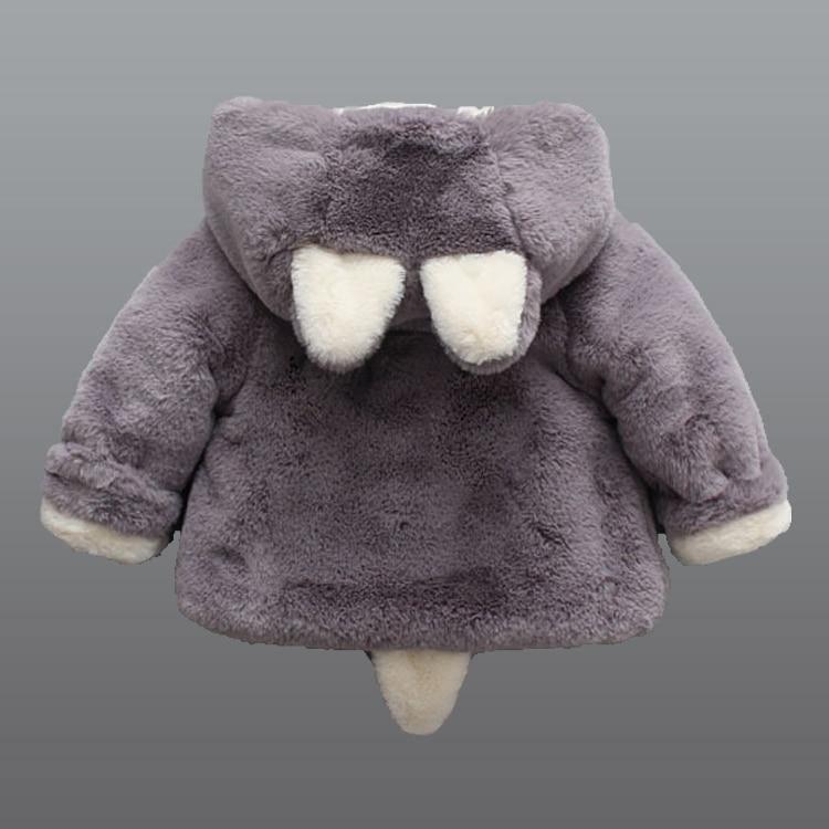 Baby girl rabbit-hooded plush jacket in gray with white ear accents and fluffy tail on Tampa Home & Garden Store