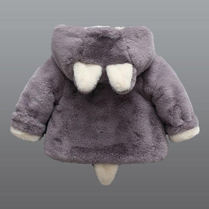 Baby girl rabbit-hooded plush jacket in gray with white ear accents and fluffy tail on Tampa Home & Garden Store