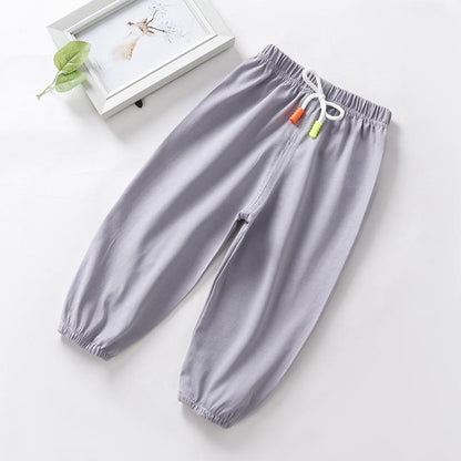 Baby boy sleep pants Stevvex anti mosquito gray with white drawstring and orange lime tassels on Tampa Home & Garden Store