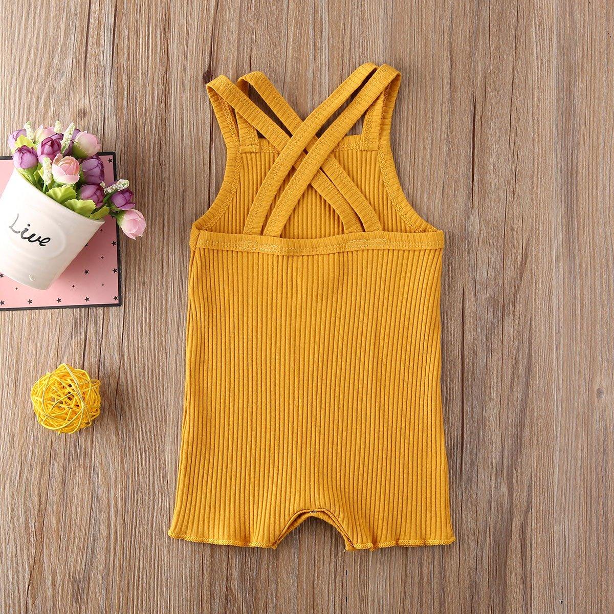 Mustard yellow ribbed cotton baby romper jumpsuit with crisscross back straps on Tampa Home & Garden Store