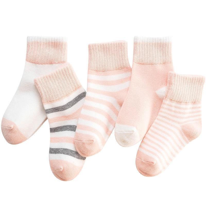5-pair baby cotton socks set with pastel pink/peach stripes and solid cuffs for kids on Tampa Home & Garden Store