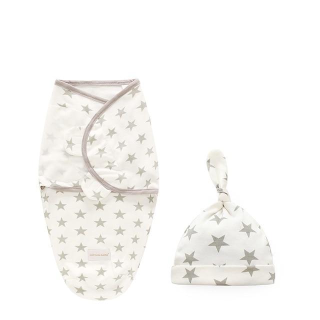 Newborn swaddle wrap and hat set by Stevvex in white with gray star print on Tampa Home & Garden Store