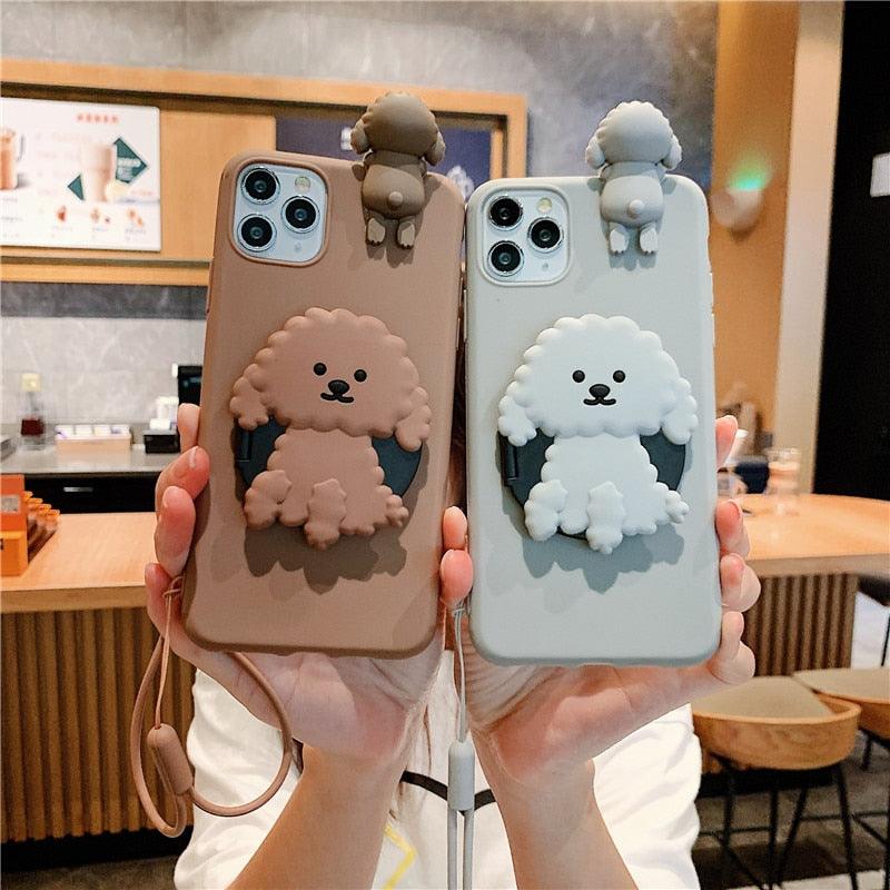 Stevvex two 3D cartoon dog mirror stand silicone iPhone case brown with lanyard on Tampa Home & Garden Store