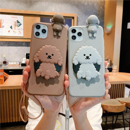 Stevvex two 3D cartoon dog mirror stand silicone iPhone case brown with lanyard on Tampa Home & Garden Store