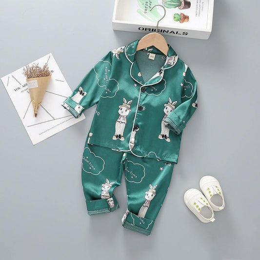 Kids satin pajama set Stevvex teal with cartoon rabbit print; two-piece top and pants on Tampa Home & Garden Store