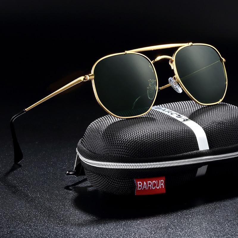 Stevvex square hexagon sunglasses gold frame green lenses on BARCUR case UV400 protection on Tampa Home & Garden Store