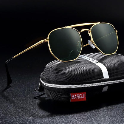 Stevvex square hexagon sunglasses gold frame green lenses on BARCUR case UV400 protection on Tampa Home & Garden Store