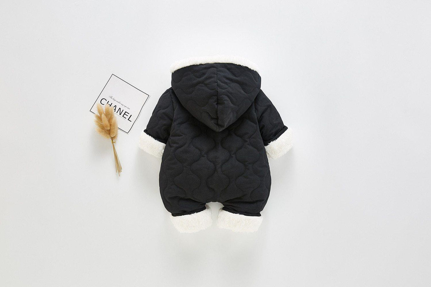 Stevvex black quilted baby jumpsuit with white fur trim, hooded winter jacket for babies on Tampa Home & Garden Store