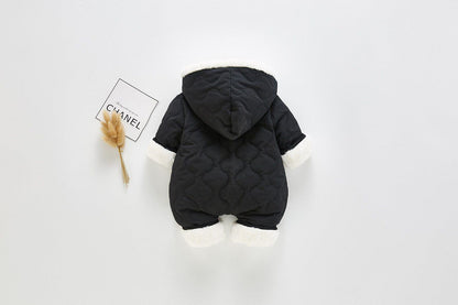 Stevvex black quilted baby jumpsuit with white fur trim, hooded winter jacket for babies on Tampa Home & Garden Store
