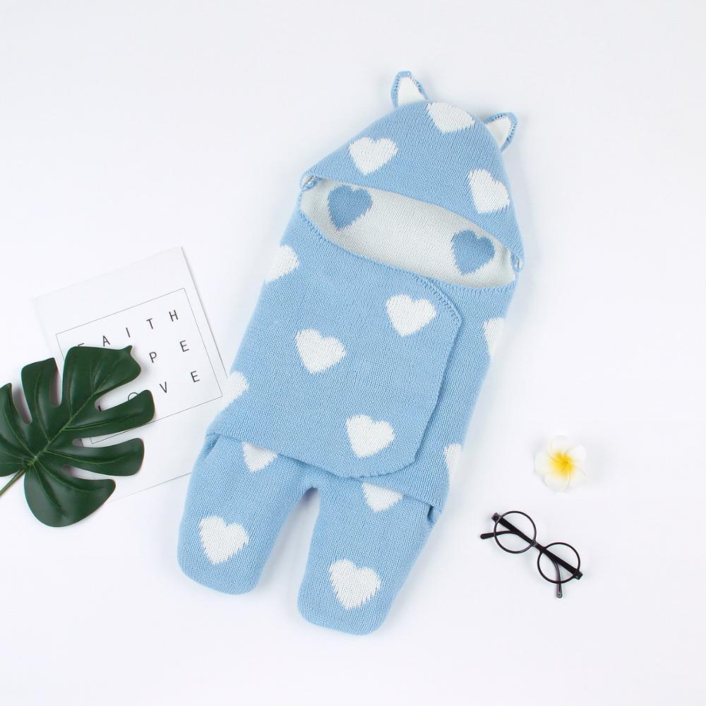Stevvex baby sleeping bag envelope knit swaddle in blue with white hearts, newborn sleep sack on Tampa Home & Garden Store