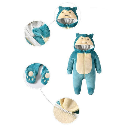 Cosplay baby jumpsuit Stevvex teal plush with beige belly, hood cat ears, zipper on Tampa Home & Garden Store