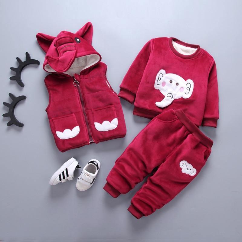 Stevvex red winter baby three-piece set with fox-ear hooded vest and elephant sweater pants on Tampa Home & Garden Store
