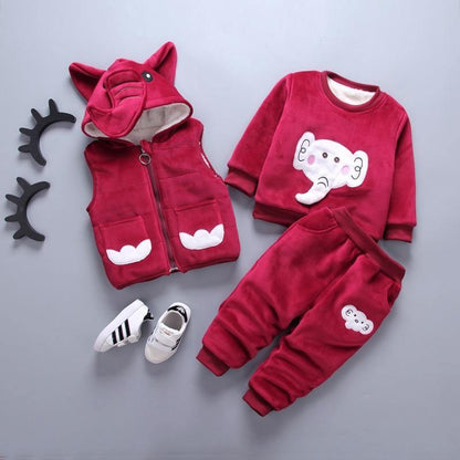 Stevvex red winter baby three-piece set with fox-ear hooded vest and elephant sweater pants on Tampa Home & Garden Store