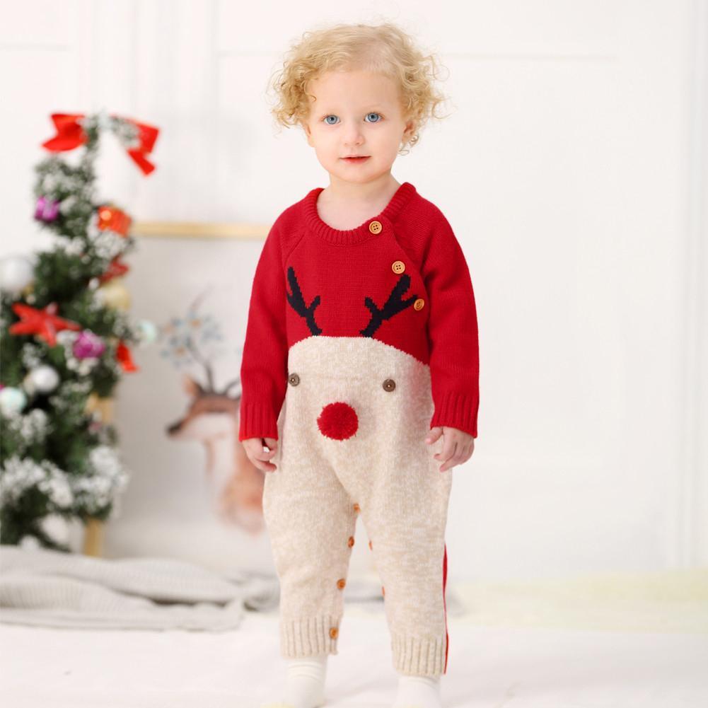 Baby Christmas reindeer knitted romper with red top and beige pants, antler motif on Tampa Home & Garden Store