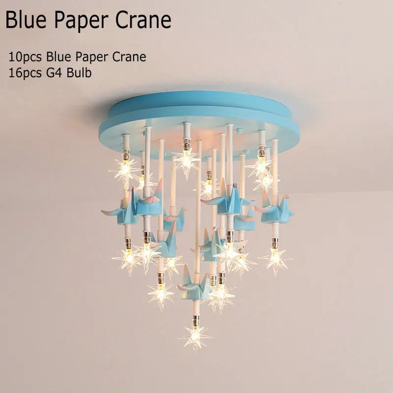 DecorBites blue paper crane ceiling light with 10 blue paper cranes and star LED bulbs on Tampa Home & Garden Store