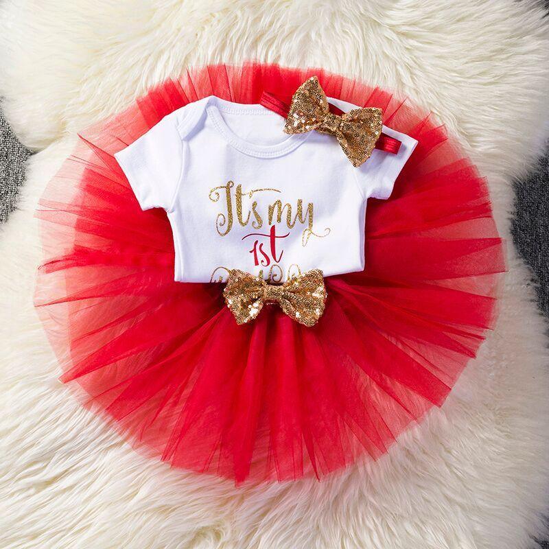 Stevvex unicorn tutu baby outfit: bodysuit, gold glitter 1st, red tulle tutu, gold bows on Tampa Home & Garden Store