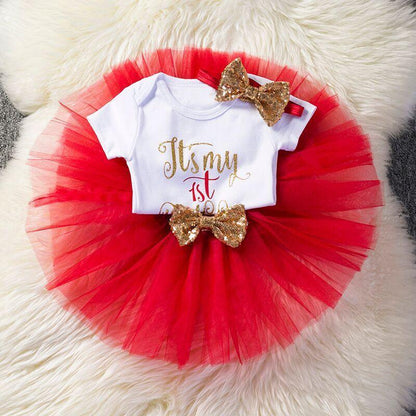 Stevvex unicorn tutu baby outfit: bodysuit, gold glitter 1st, red tulle tutu, gold bows on Tampa Home & Garden Store