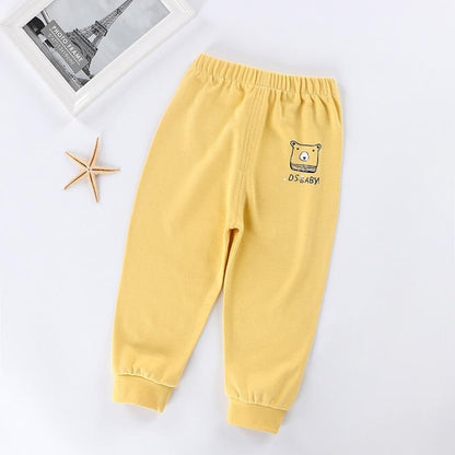 Baby yellow cotton pants with bear applique for kids Stevvex, cuffed ankles on Tampa Home & Garden Store