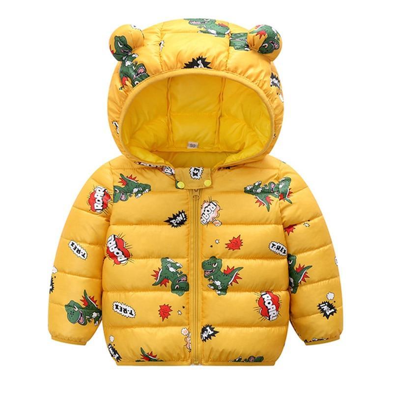 Stevvex yellow dinosaur-print puffer hooded coat for babies and toddlers 3-24 months on Tampa Home & Garden Store
