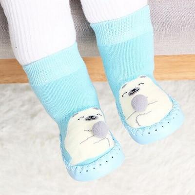 Stevvex newborn indoor sock shoes in baby blue cotton with rubber soles, bear-face toes, pair on Tampa Home & Garden Store