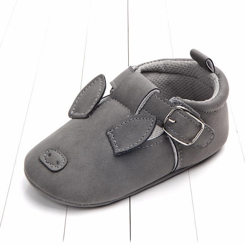 Stevvex grey first walker baby shoe with buckle strap and cat-ear details on Tampa Home & Garden Store