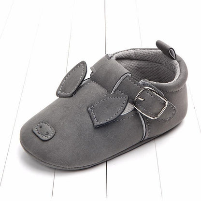 Stevvex grey first walker baby shoe with buckle strap and cat-ear details on Tampa Home & Garden Store