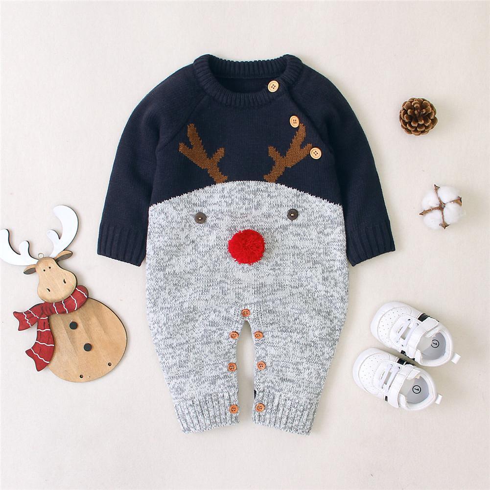 Baby Christmas Reindeer knitted jumpsuit Stevvex navy gray with red nose pom-pom leg buttons on Tampa Home & Garden Store