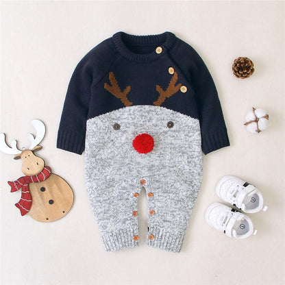Baby Christmas Reindeer knitted jumpsuit Stevvex navy gray with red nose pom-pom leg buttons on Tampa Home & Garden Store