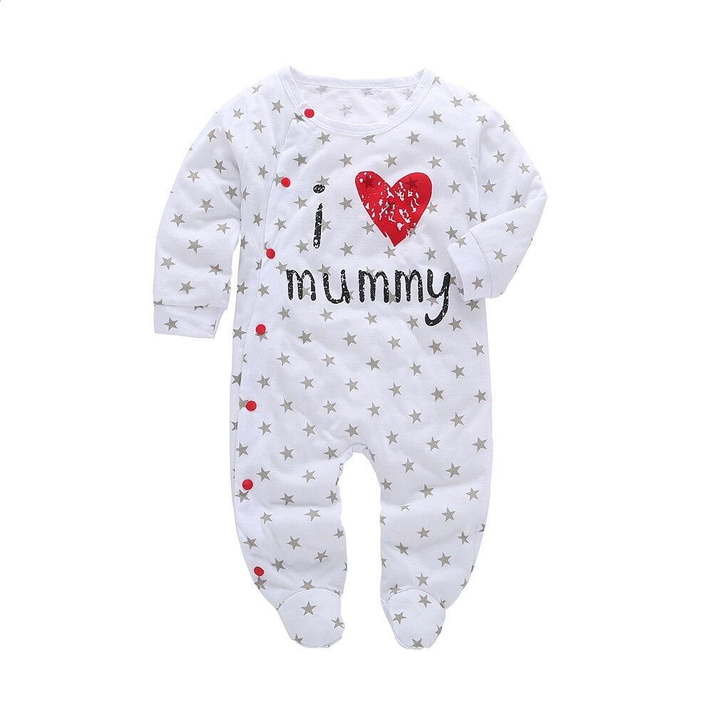 Stevvex baby romper long sleeve footed jumpsuit I heart mummy print with silver stars on white on Tampa Home & Garden Store
