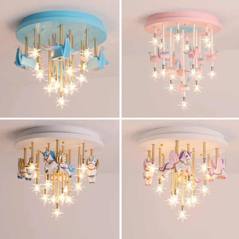 DecorBites Kids Resin Horse Paper Crane Ceiling Light four blue pink white bases with LED stars on Tampa Home & Garden Store