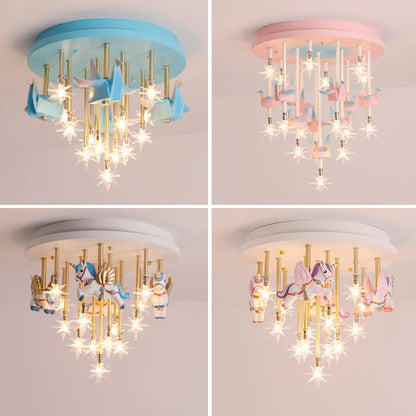 DecorBites Kids Resin Horse Paper Crane Ceiling Light four blue pink white bases with LED stars on Tampa Home & Garden Store