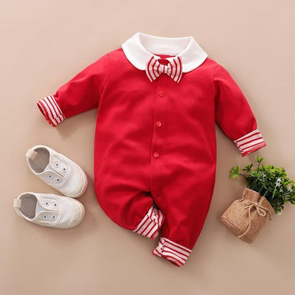 Stevvex red baby romper with white collar and striped bow, infant one-piece on Tampa Home & Garden Store