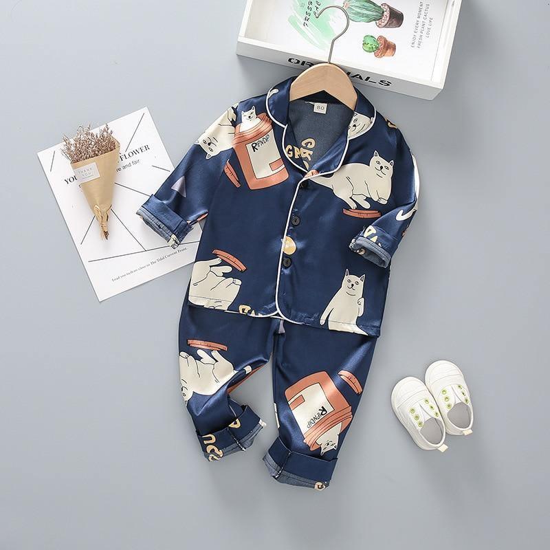 Stevvex kids satin pajama set navy blue with cartoon cats and mugs top and pants on Tampa Home & Garden Store