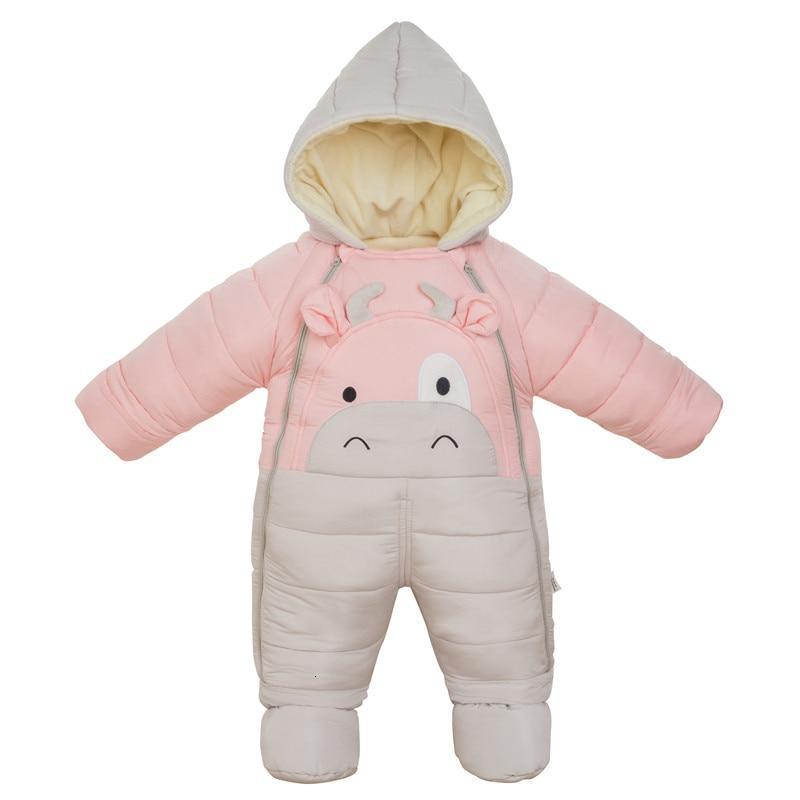 Pink infant puffer snowsuit with hood and grey belly panel featuring a cute animal face on Tampa Home & Garden Store