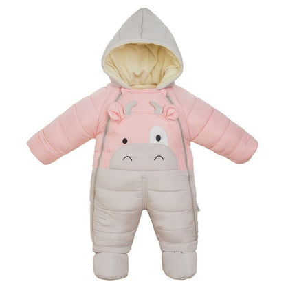 Pink infant puffer snowsuit with hood and grey belly panel featuring a cute animal face on Tampa Home & Garden Store