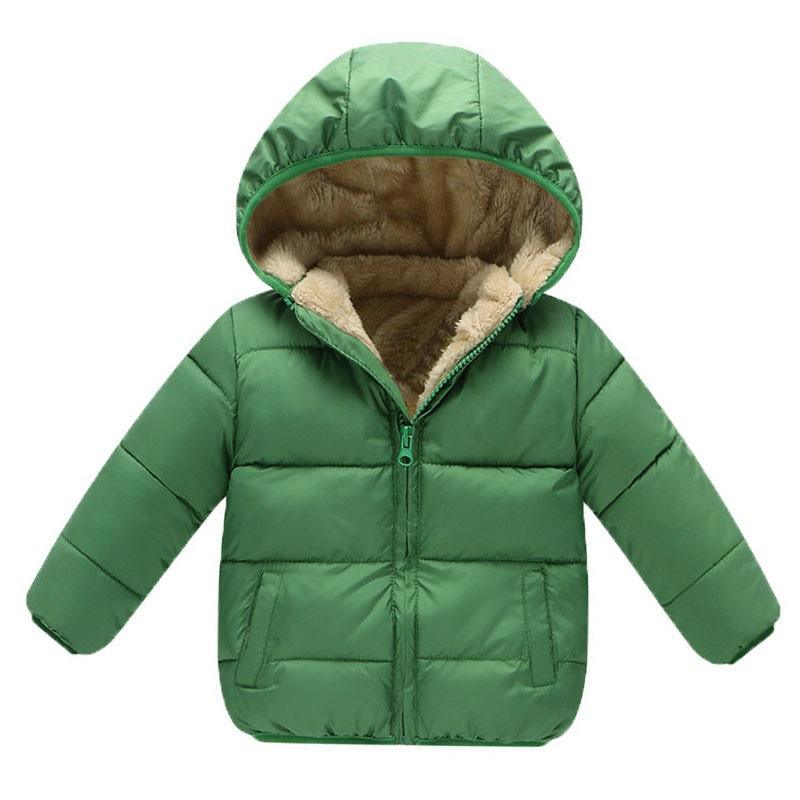 Stevvex green newborn hooded puffer jacket with beige faux fur lining, padded outerwear on Tampa Home & Garden Store