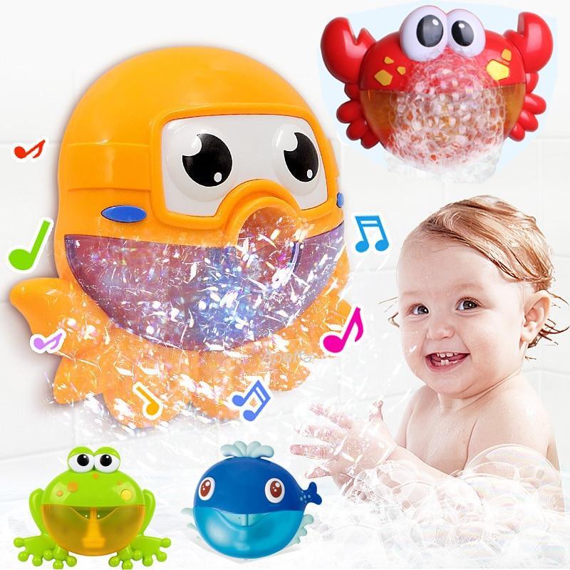 Stevvex Baby Bath Toys Bubble Machine set of 3 with crab helmet, blue whale, green frog in tub on Tampa Home & Garden Store