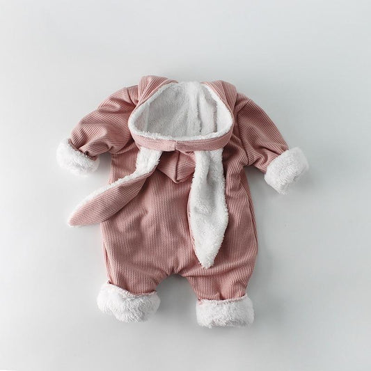 Stevvex pink ribbed baby romper with white faux fur trim and hood on Tampa Home & Garden Store