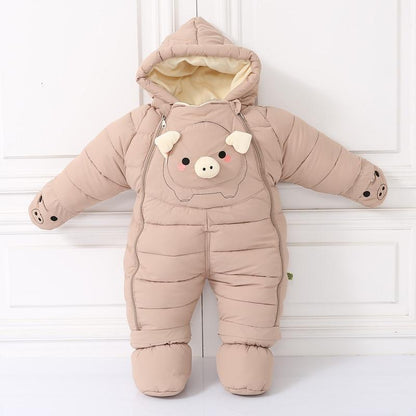 Baby pig-faced quilted puffer snowsuit for infants in pink beige with hood and footed design Stevvex on Tampa Home & Garden Store