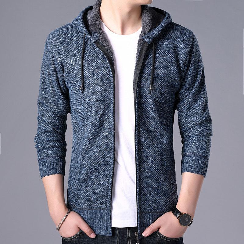 Men's blue knit fleece hooded cardigan Stevvex zip jacket with drawstrings on Tampa Home & Garden Store