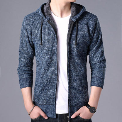 Men's blue knit fleece hooded cardigan Stevvex zip jacket with drawstrings on Tampa Home & Garden Store