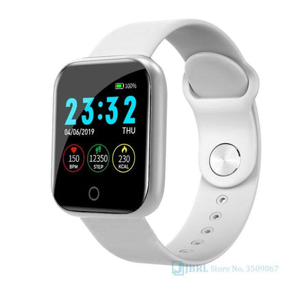 Stevvex square stainless steel smart watch with white band and touchscreen display on Tampa Home & Garden Store