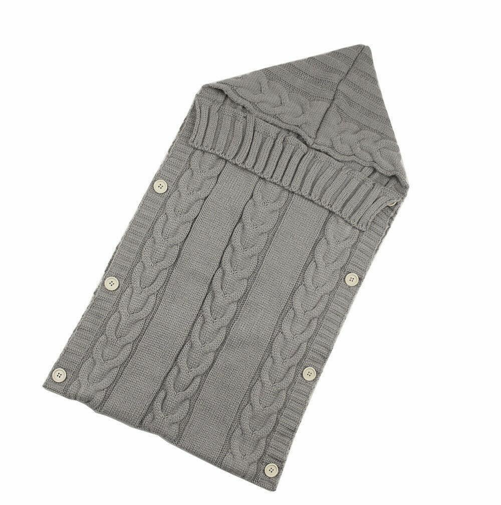 Stevvex grey knitted baby swaddle blanket with cable knit and buttons for stroller use on Tampa Home & Garden Store