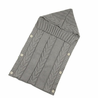 Stevvex grey knitted baby swaddle blanket with cable knit and buttons for stroller use on Tampa Home & Garden Store