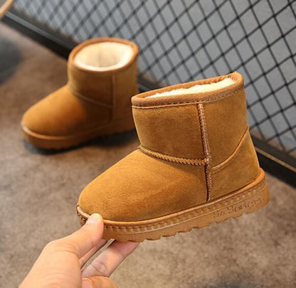 Stevvex winter kids snow boots tan suede plush-lined short toddler boots, 2 boots on Tampa Home & Garden Store