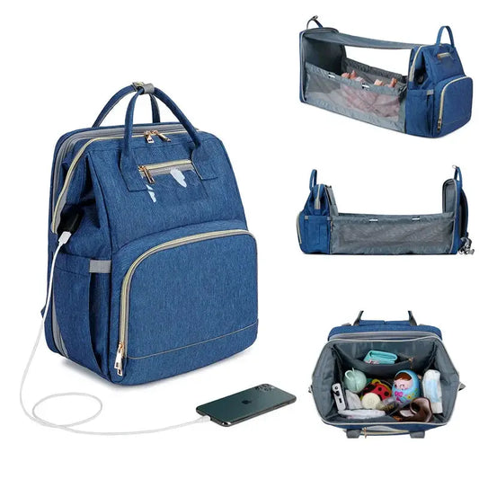 Usb Diaper Bags Backpack Foldable with Mat blue fabric, USB port, multiple pockets on Tampa Home & Garden Store