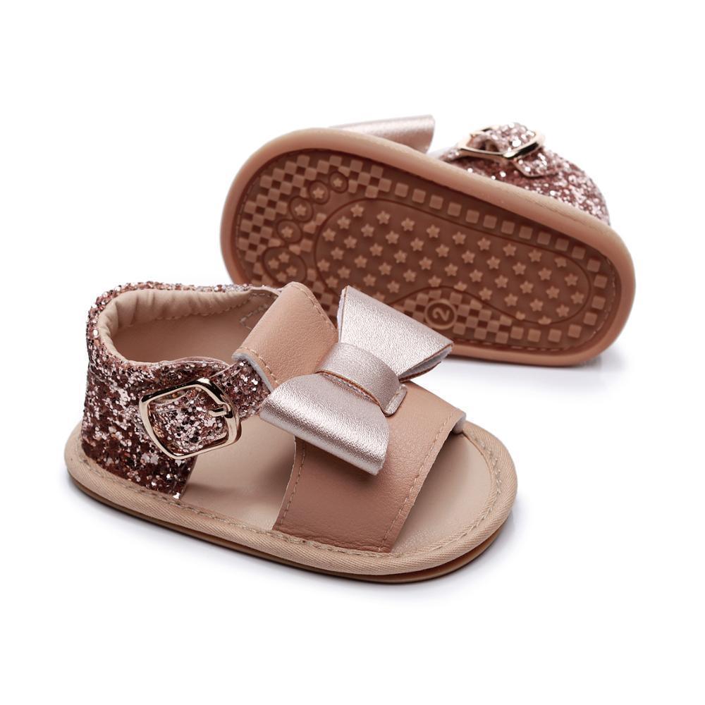 Stevvex baby girl glitter rose-pink PU leather sandals with bowknot and soft sole pair on Tampa Home & Garden Store