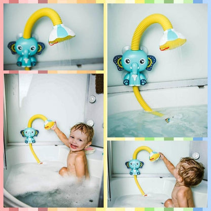 Stevvex elephant bath toy with yellow hose shower spray; kid in tub playing on Tampa Home & Garden Store
