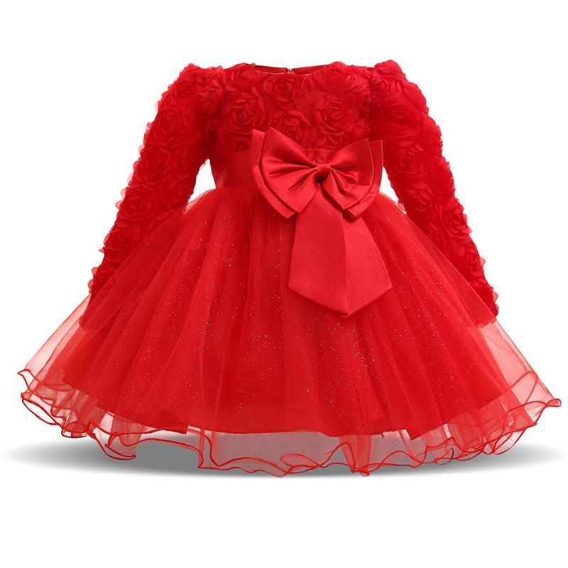 Stevvex red baby christening dress with rosette sleeves, glitter tulle skirt and large satin bow on Tampa Home & Garden Store