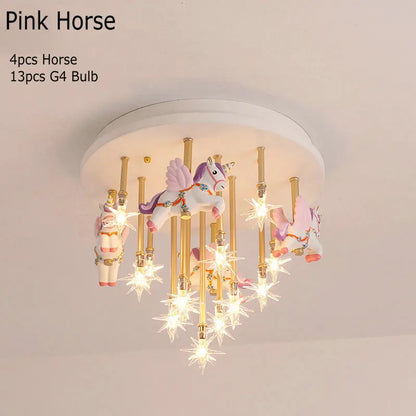 DecorBites Kids Resin Horse ceiling light with pink and blue unicorns, star LEDs and gold rods on Tampa Home & Garden Store